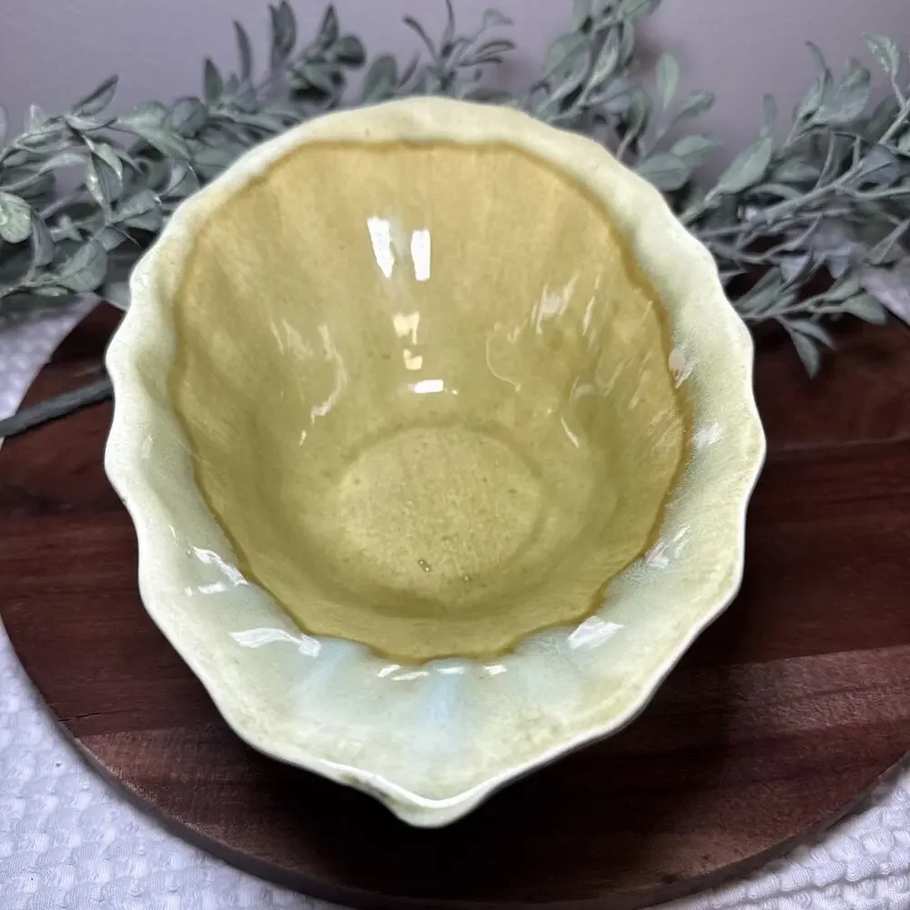 Vintage Mid Century USA P-1 Drip Glaze Pottery Console Bowl Green Yellow 50s 60s